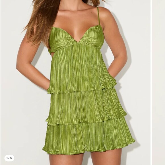 Lulus Dresses & Skirts - Sleek Dedication Green Satin Plisse Cutout Tiered Mini Dress